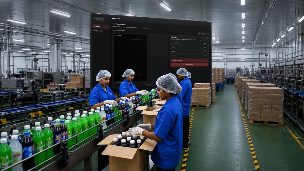 FMCG bottling line with Attire check hygiene verification dashboard overlaid on the production floor