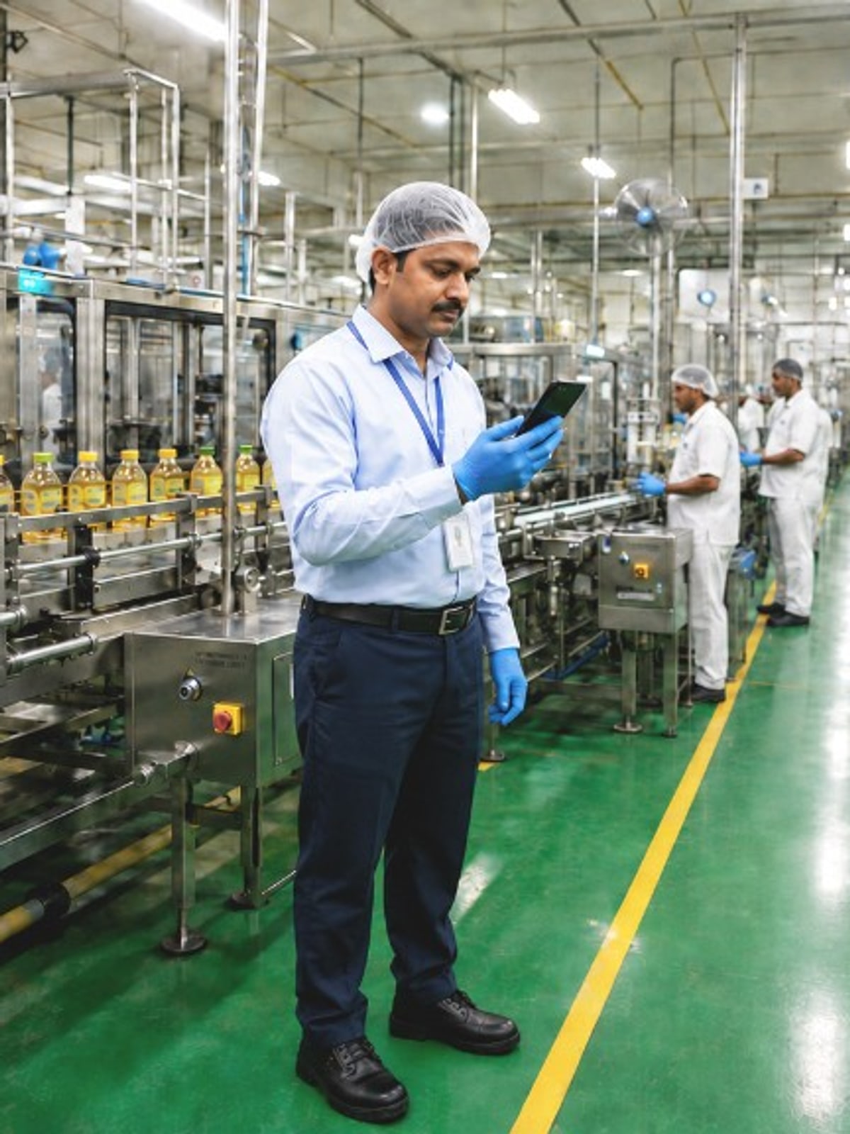 Production worker on a bottling line preparing for a PPE attire check before starting work