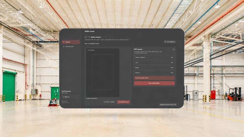 Attire check dashboard showing PPE verification — cap, mask, gloves, and uniform — before work begins
