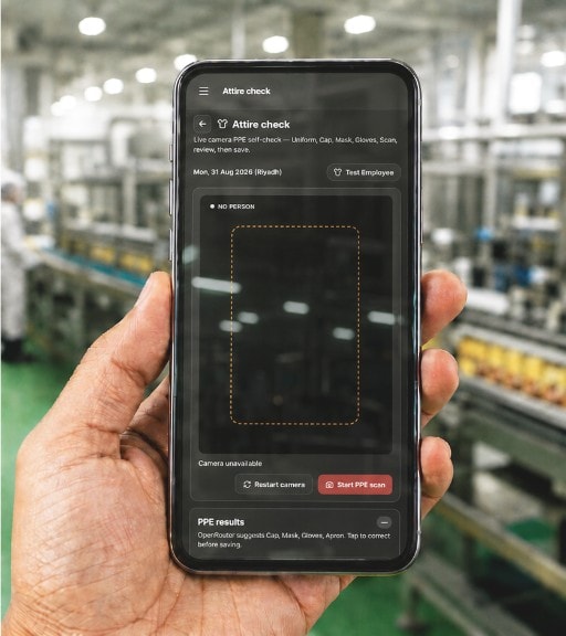 Mobile Attire check app — live camera PPE self-check for uniform, cap, mask, and gloves