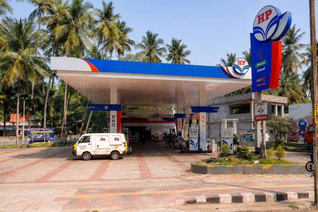 Fuel station forecourt under canopy
