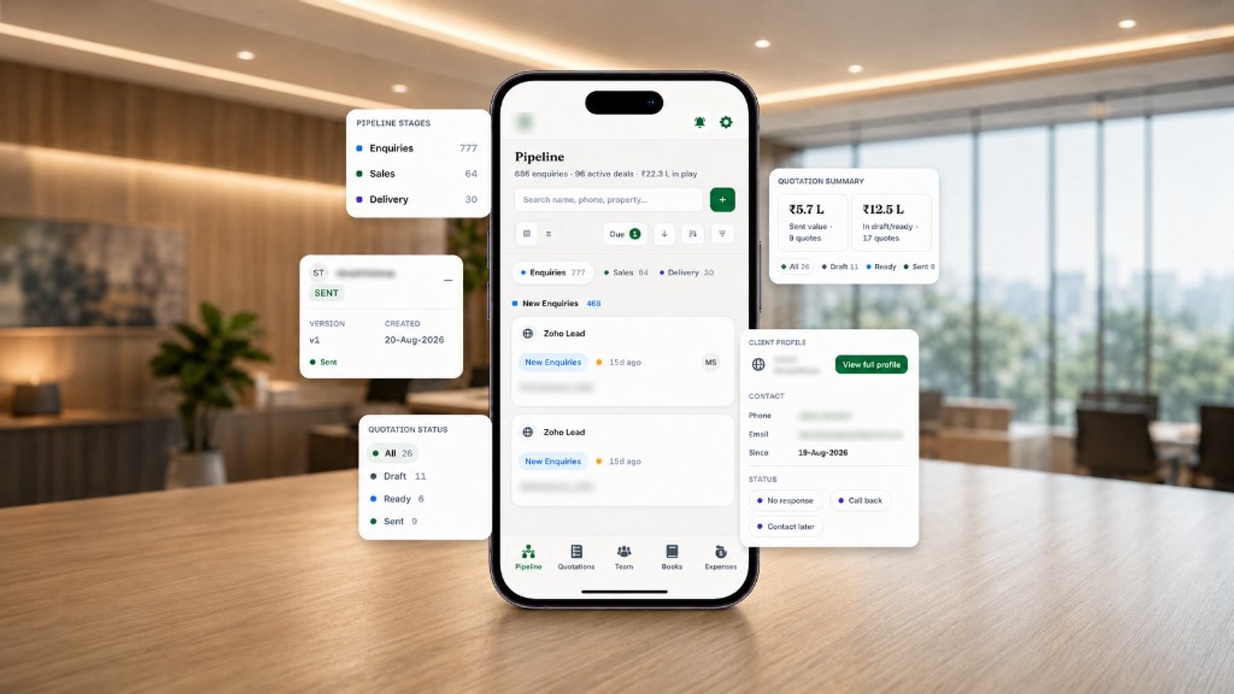 Pipeline mobile app with floating quotation, stage and client profile widgets