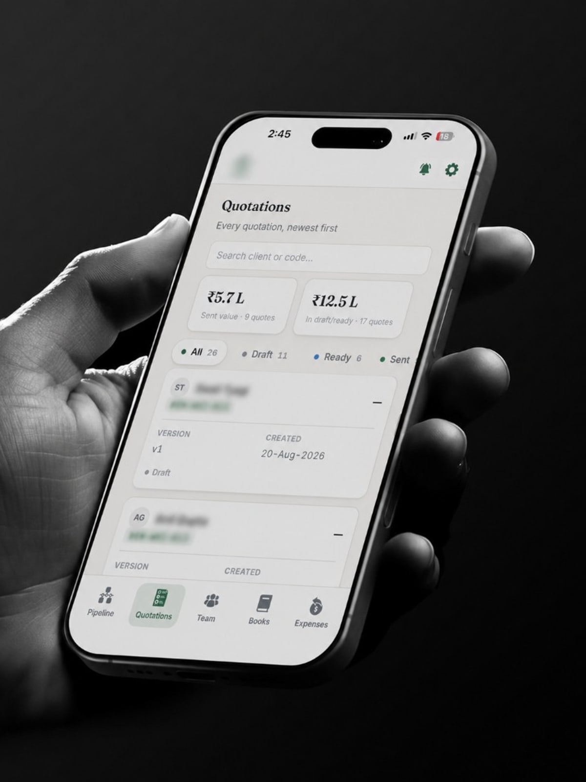 Mobile Quotations screen showing sent value, draft quotes and status filters