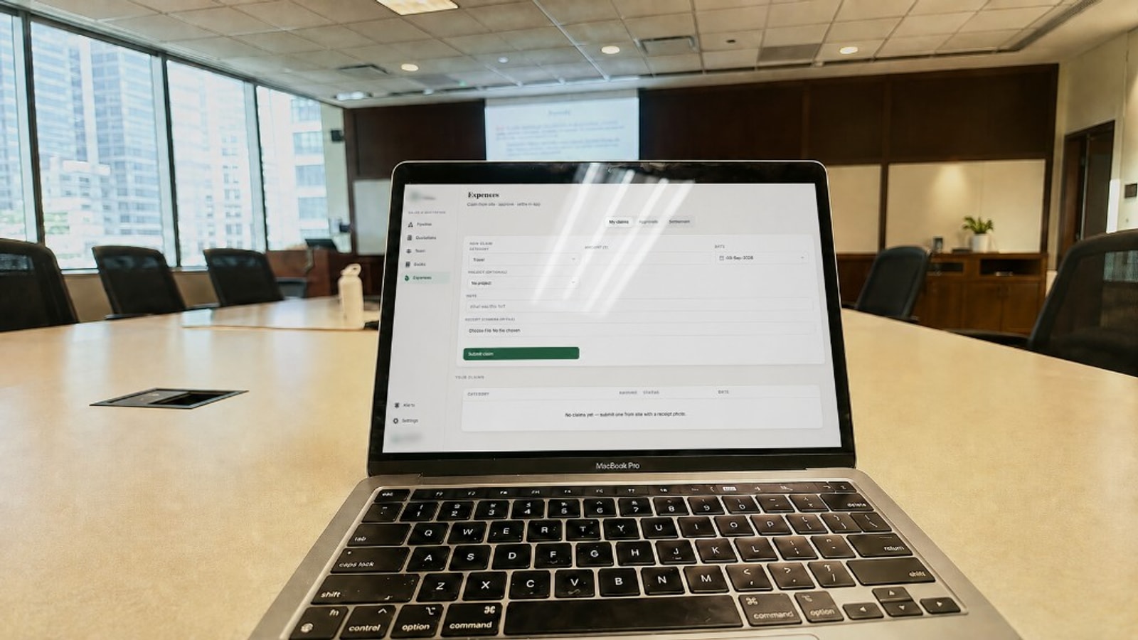 Expenses module on laptop — claim from site, approve and settle in-app