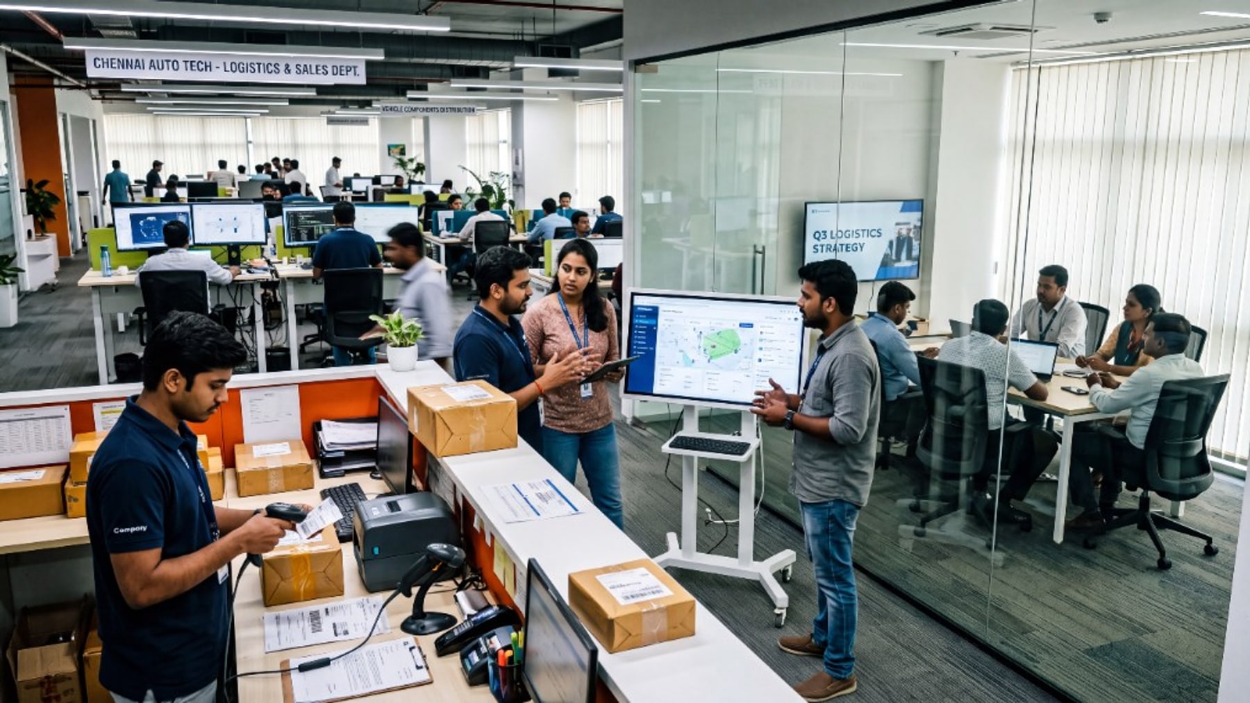 Logistics and sales team reviewing pipeline data across an open office