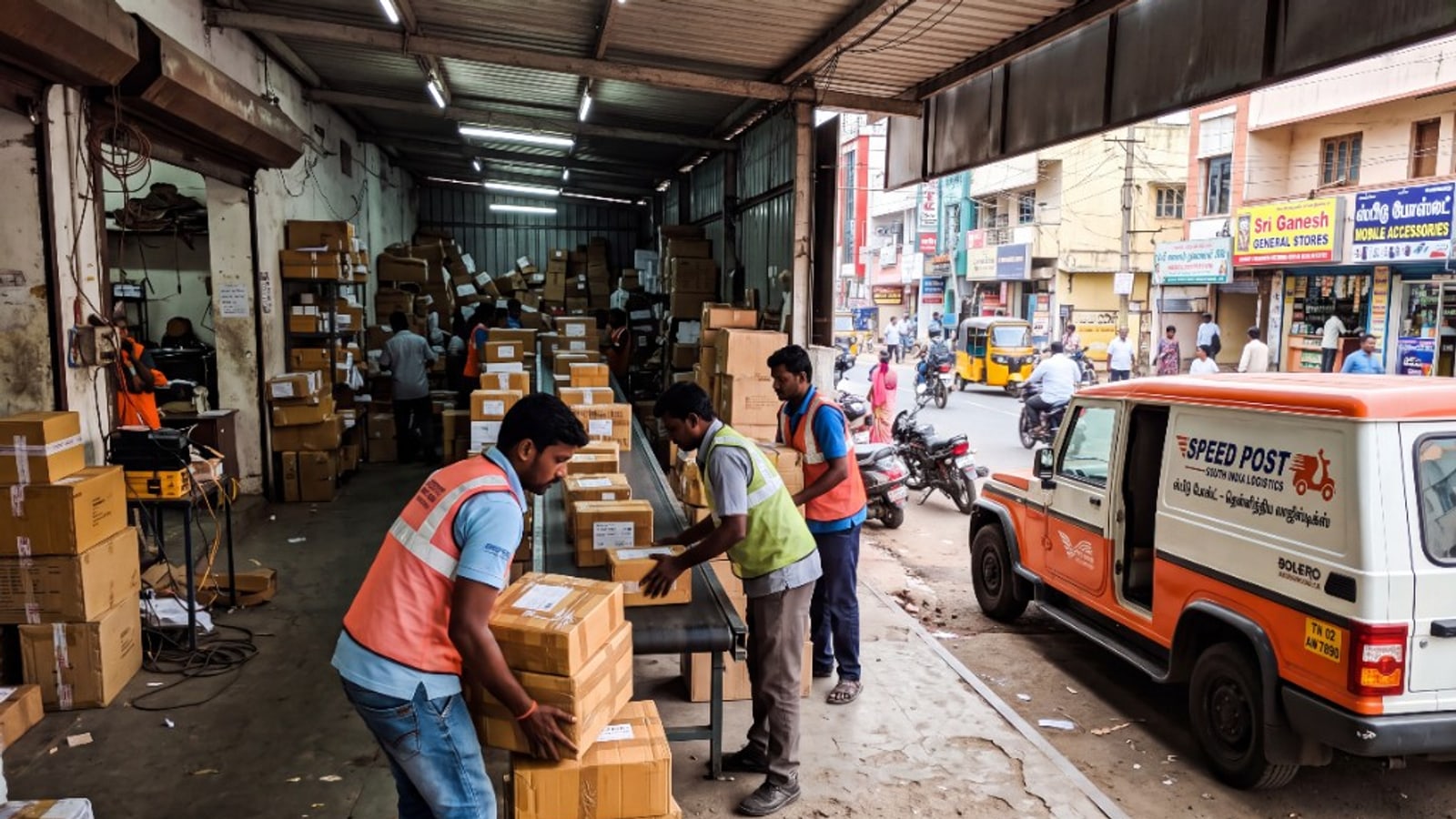 Parcel sorting floor with boxes on the conveyor and a delivery van at the bay