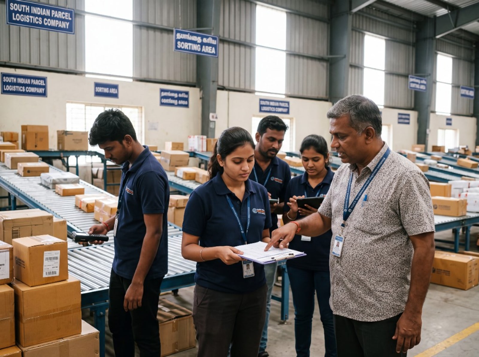 Sorting team scanning parcels and reviewing a shared clipboard on the floor