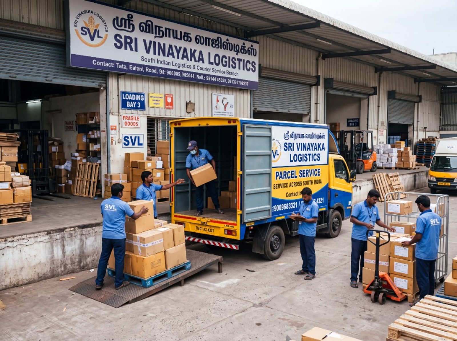 Loading bay team moving parcels onto a delivery truck