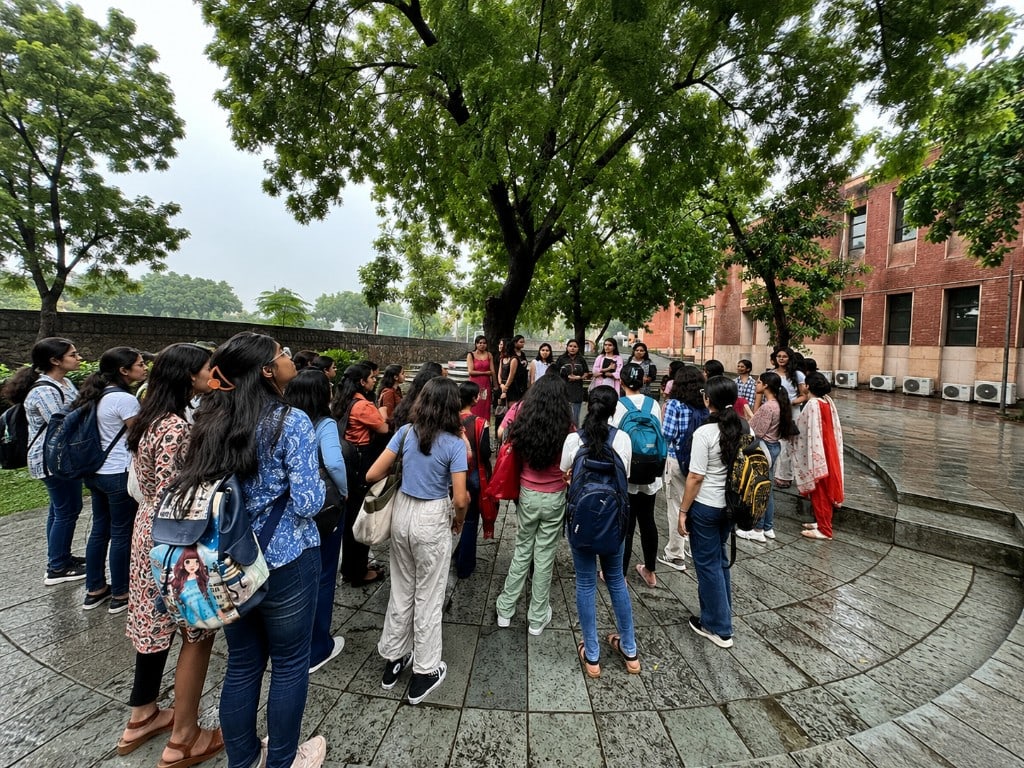 Students gathered on a college campus courtyard