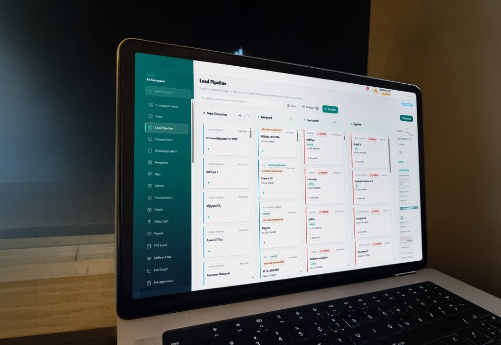 Lead Pipeline Kanban board on laptop — New Enquiries through Applied