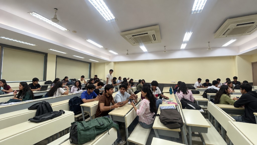 Students collaborating in a college classroom during a lecture session