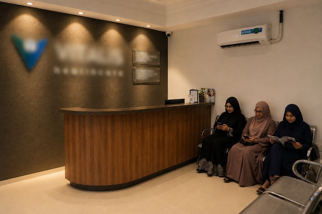 Patients waiting at Vitalis Healthcare while the reception desk sits beyond