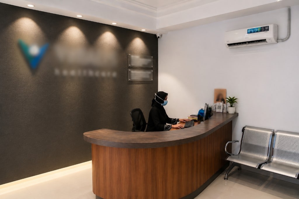 A receptionist at the Vitalis Healthcare front desk
