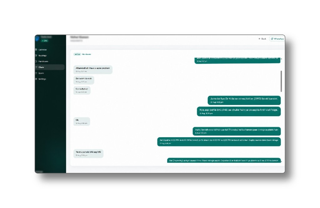 WhatsApp AI receptionist handling a patient booking in the clinic dashboard
